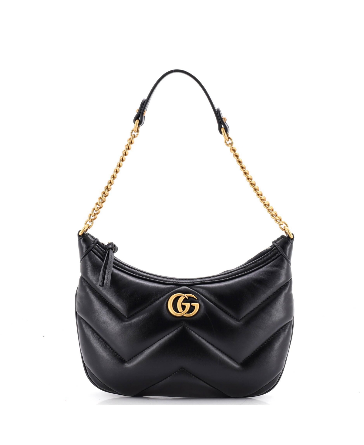 Pre-Owned Gucci Small Gg Marmont Half Moon Chain Shoulder Bag Matelasse Patent - Black