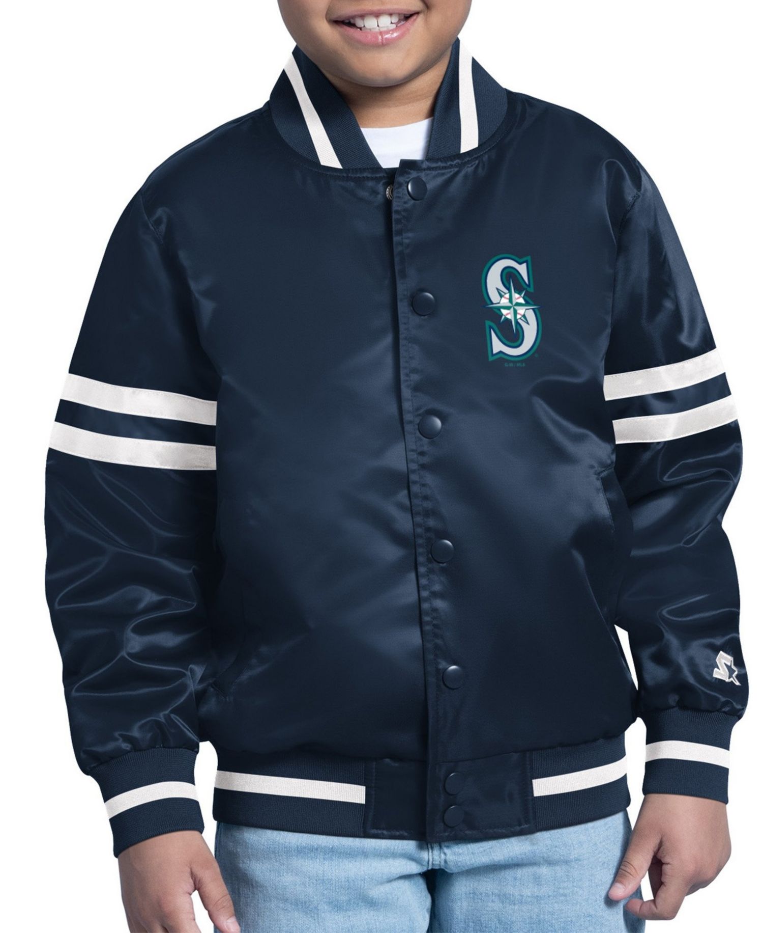Big Boys and Girls Navy Seattle Mariners Team Logo Full-Snap Satin Varsity Jacket