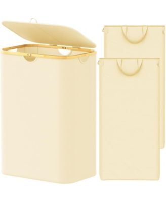 Laundry Hamper 2 Section with 2 Removable Bags, 160L Collapsible Basket with Lid and Bamboo Handles