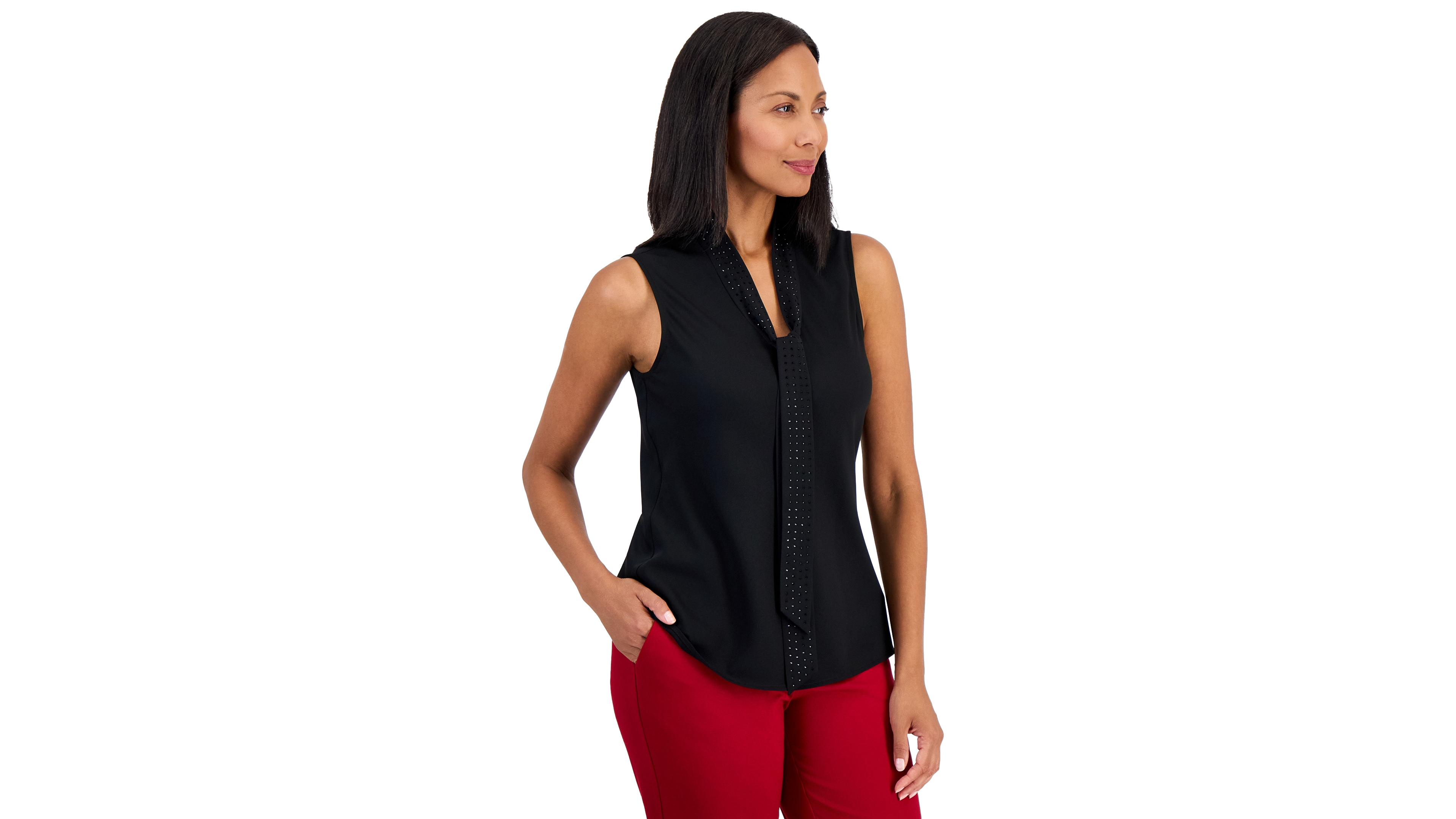 Kasper Women's Sleeveless Georgette Tie Neck Embellished Blouse
