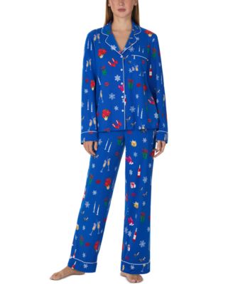 Women's Long-Sleeve Notch Collar Brushed Jersey Long Pant Pajama Set