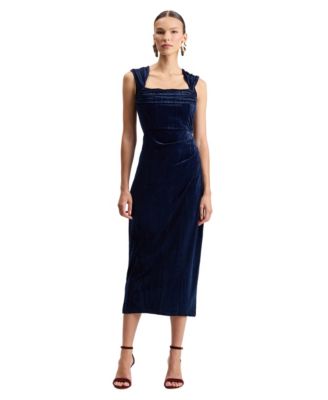 Women's Textured Velvet Asymmetric Square-Neck Midi Dress