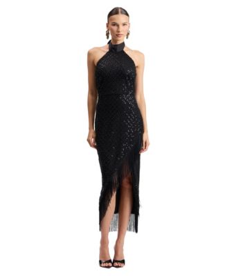 Women's Embellished Fringe Halter Midi Dress