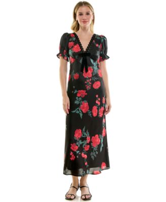 Juniors' V-Neck Flutter-Sleeve Velvet Bow Midi Dress