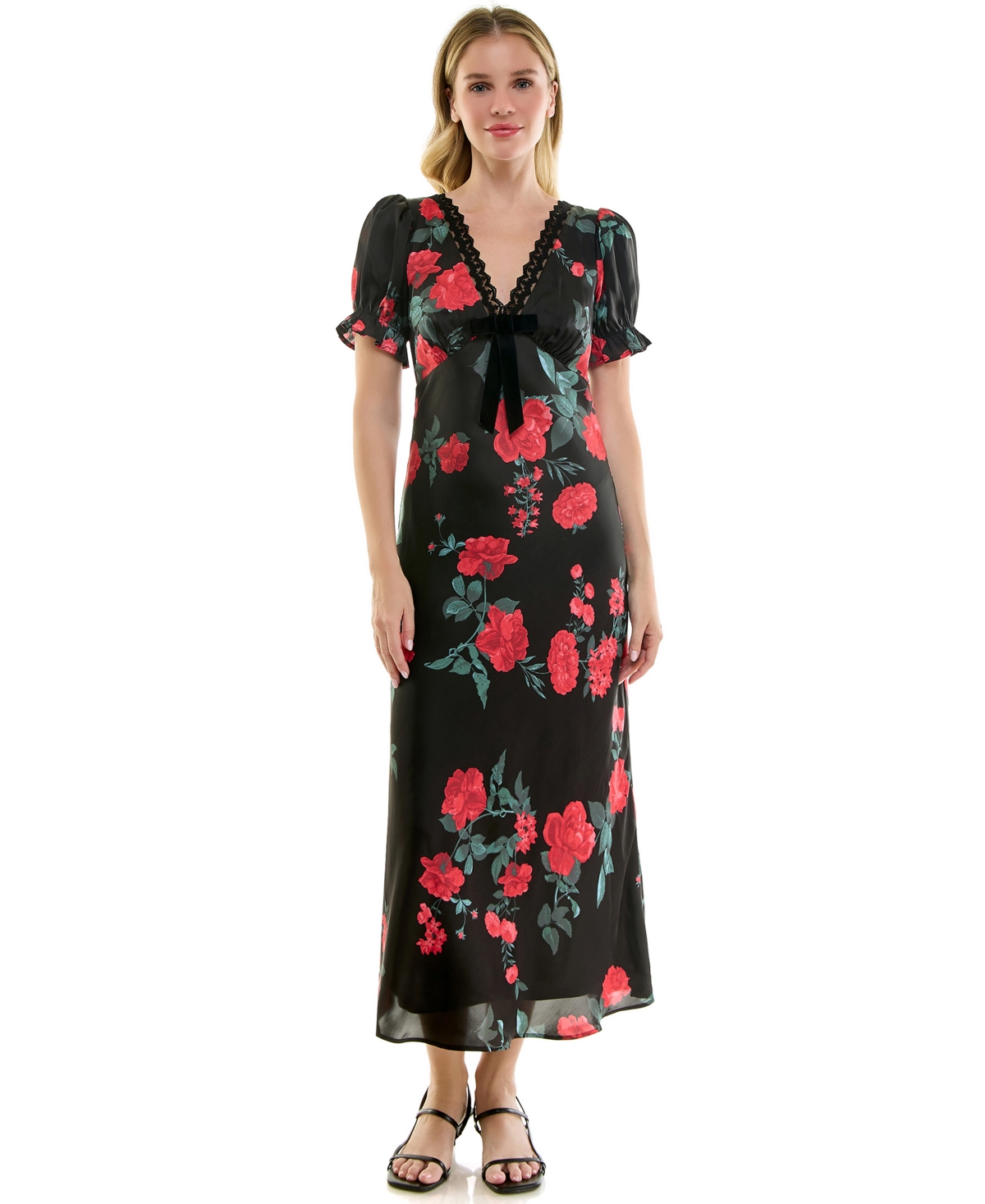 Row A Juniors' V-Neck Flutter-Sleeve Velvet Bow Midi Dress