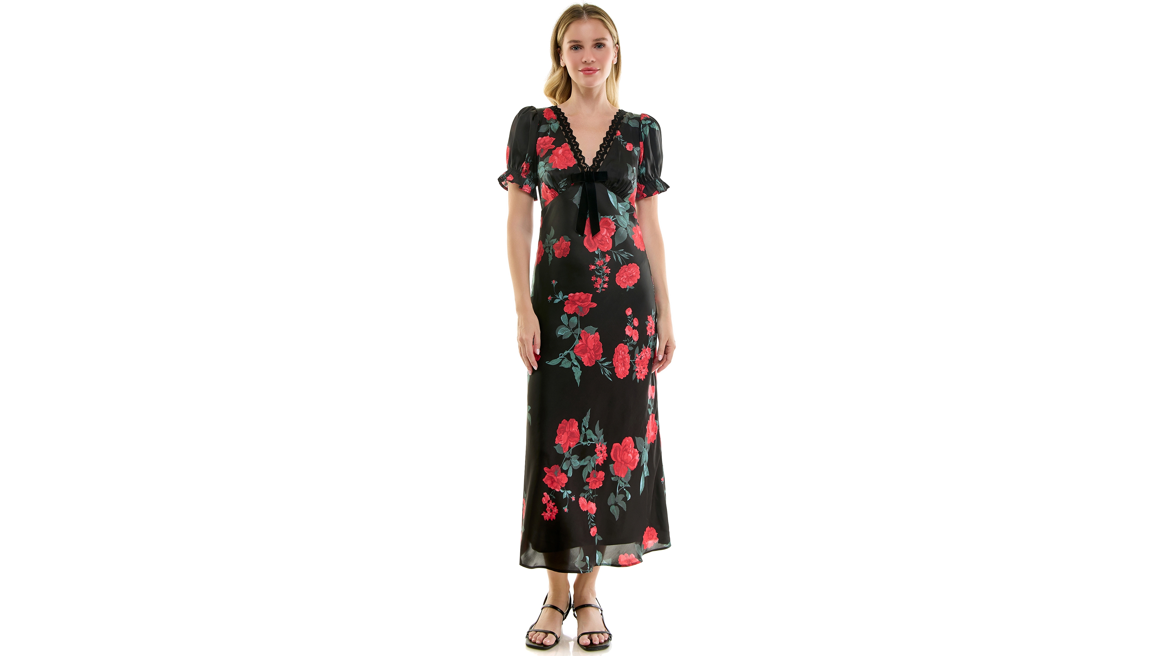 Row A Juniors' V-Neck Flutter-Sleeve Velvet Bow Midi Dress