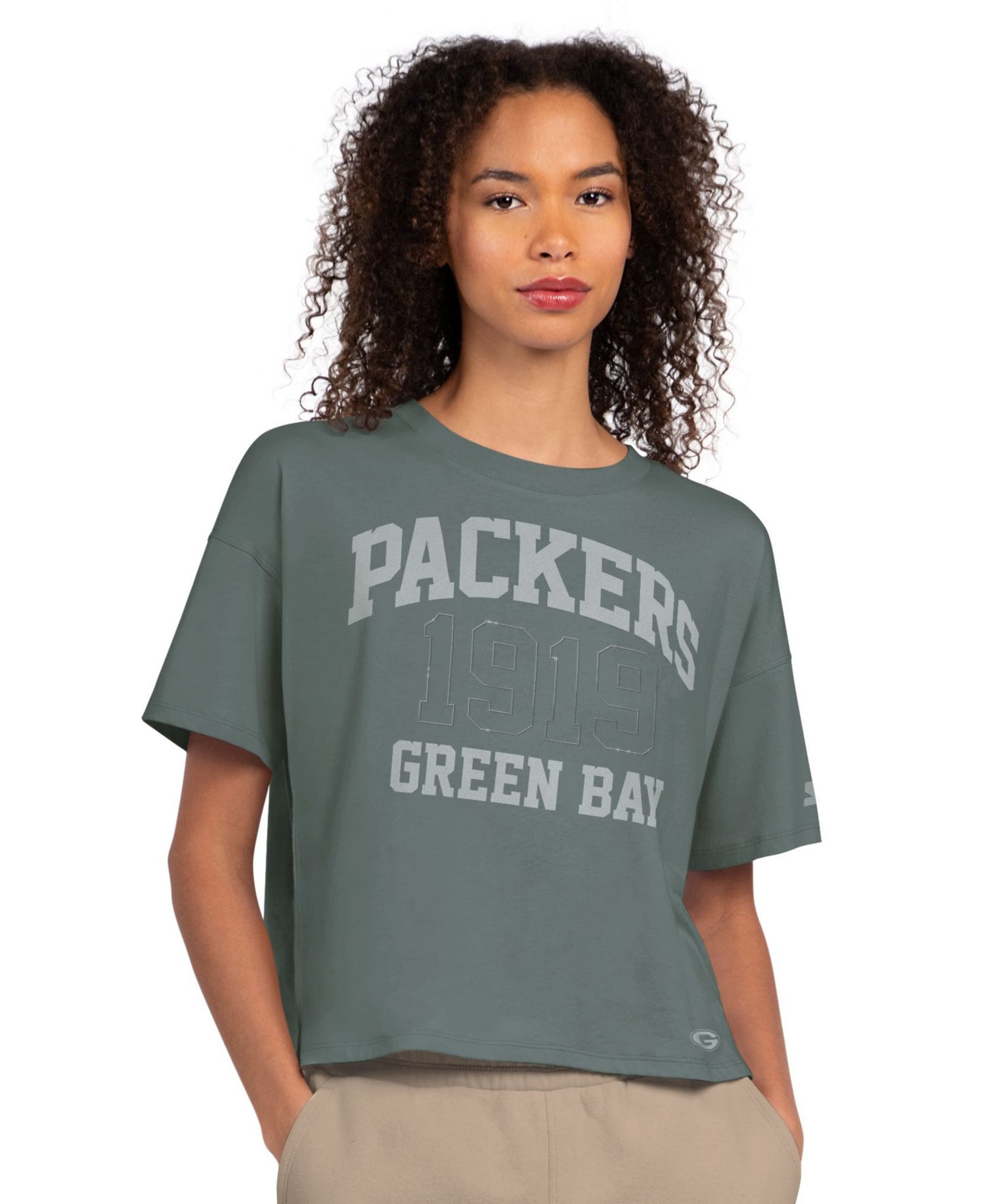 Women's Green Bay Packers Rhinestone Boxy Cropped T-Shirt