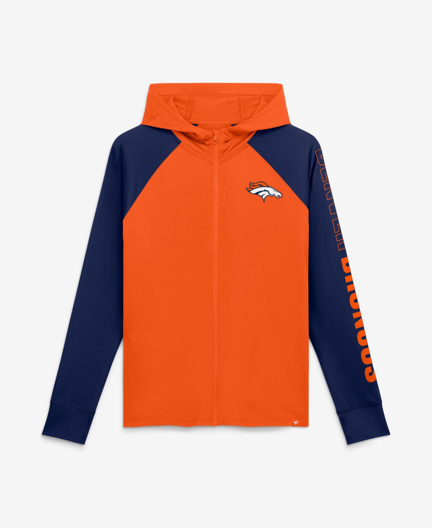 Женская худи на молнии Fanatics Denver Broncos Cornerback Blitz реглан, Orange/Navy — фото 1