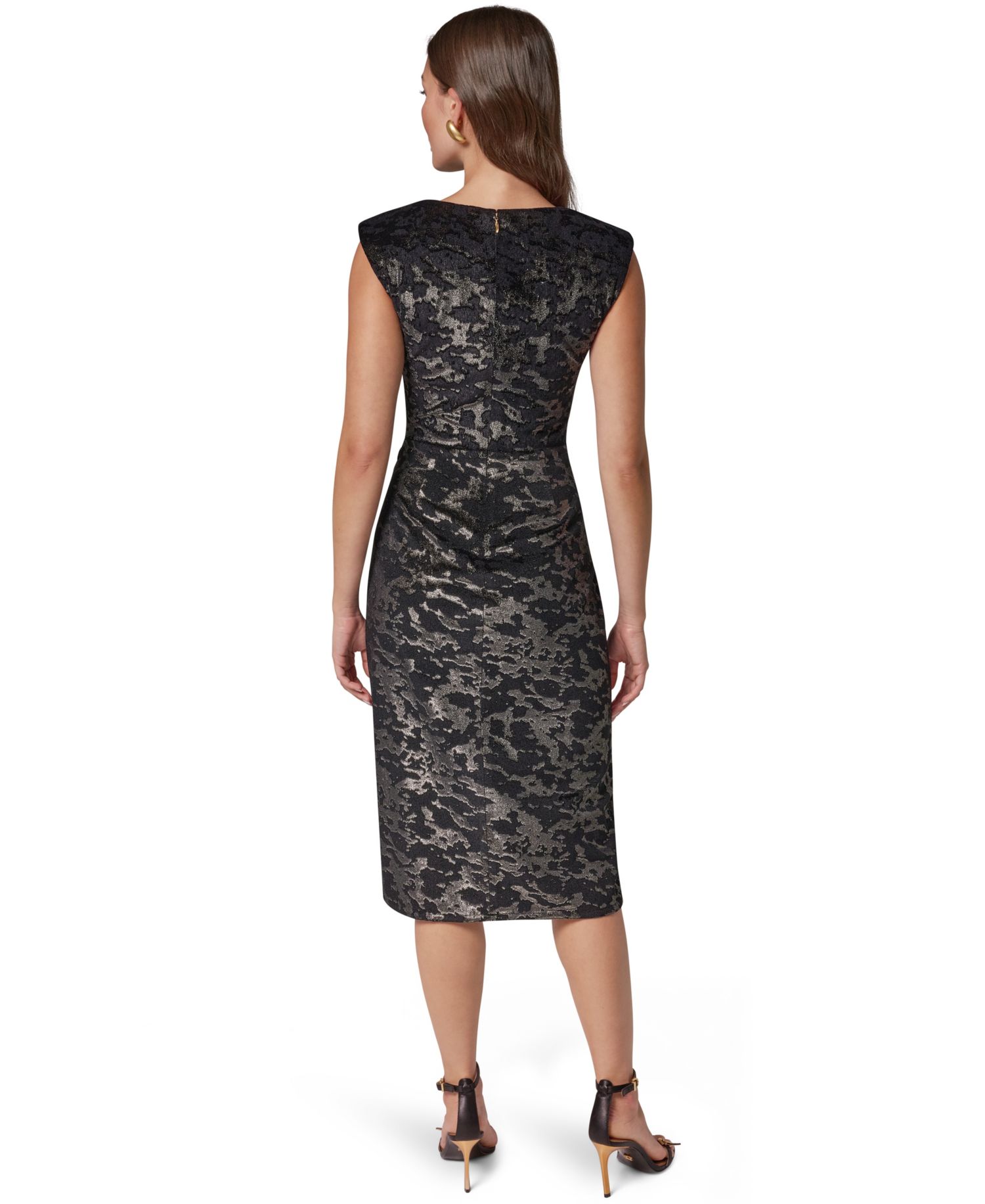 Women's Velvet Jacquard Sleeveless Ruched Midi Sheath Dress