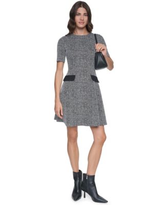 Women's Short-Sleeve Crewneck Textured-Knit Fit and Flare Dress