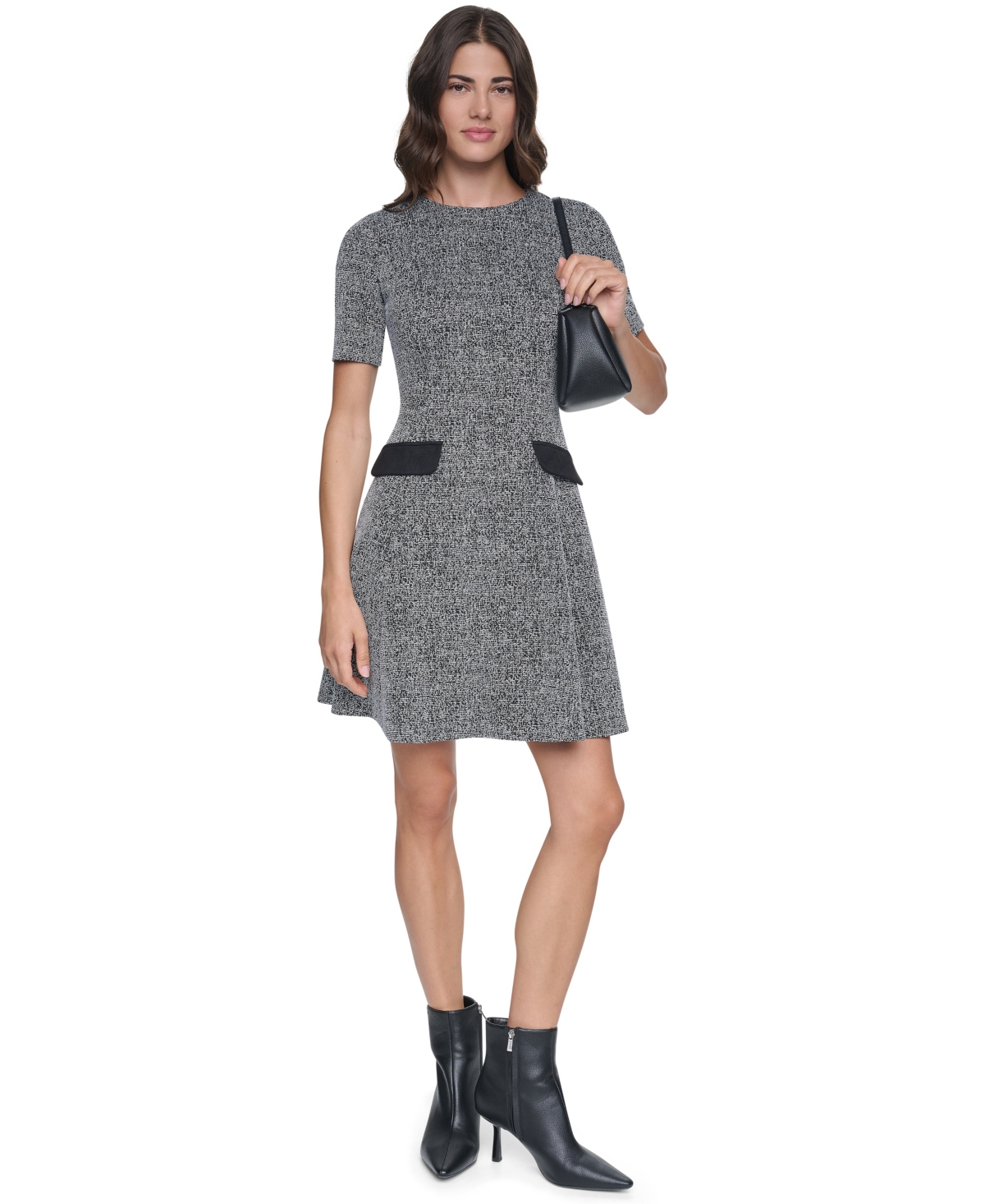 Dkny Women's Short-Sleeve Crewneck Textured-Knit Fit and Flare Dress - Black/Cream
