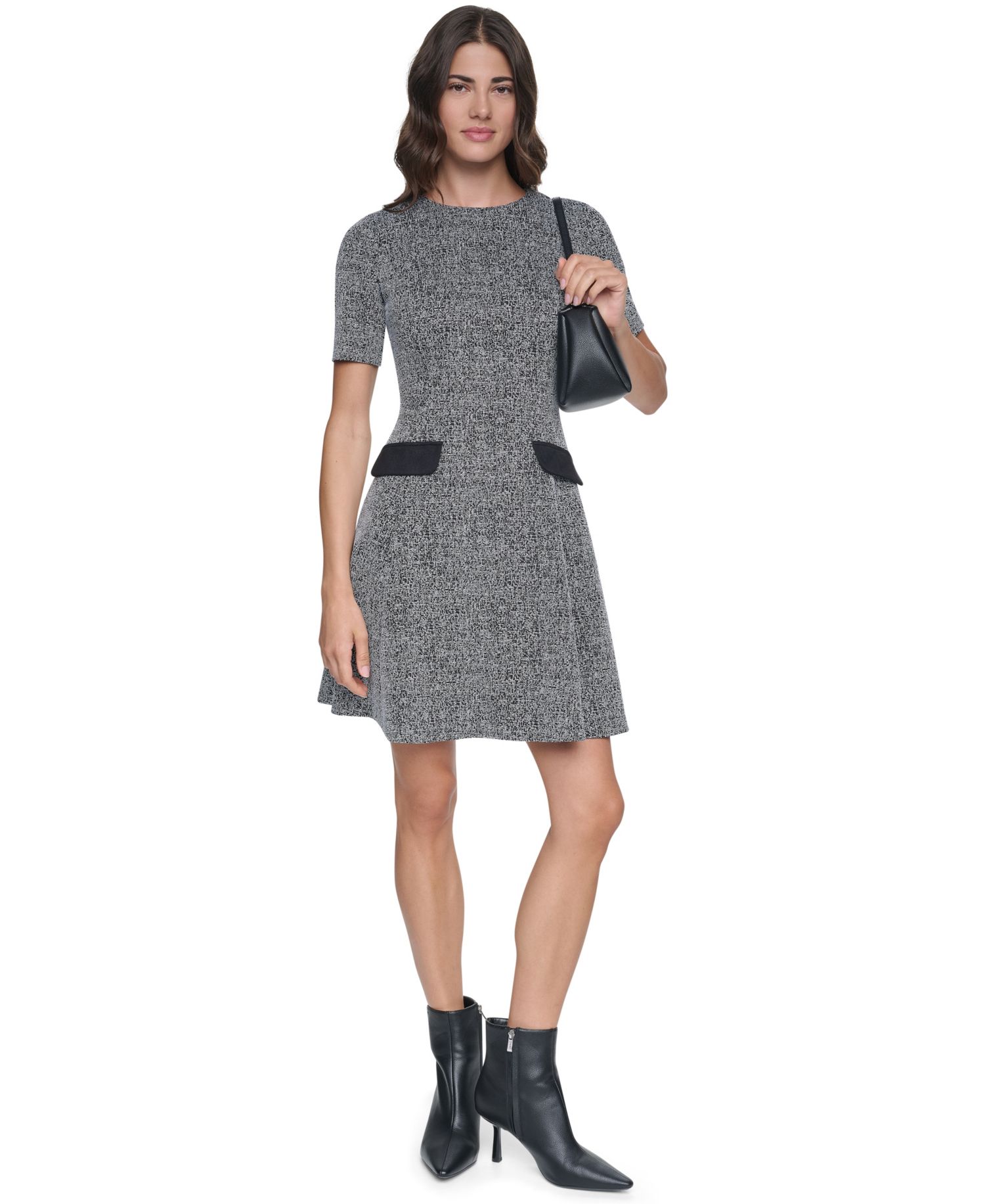 Women's Short-Sleeve Crewneck Textured-Knit Fit and Flare Dress