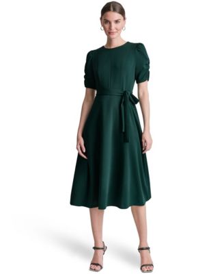 Women's Short-Sleeve Scuba Crepe Belted Fit and Flare Midi Dress