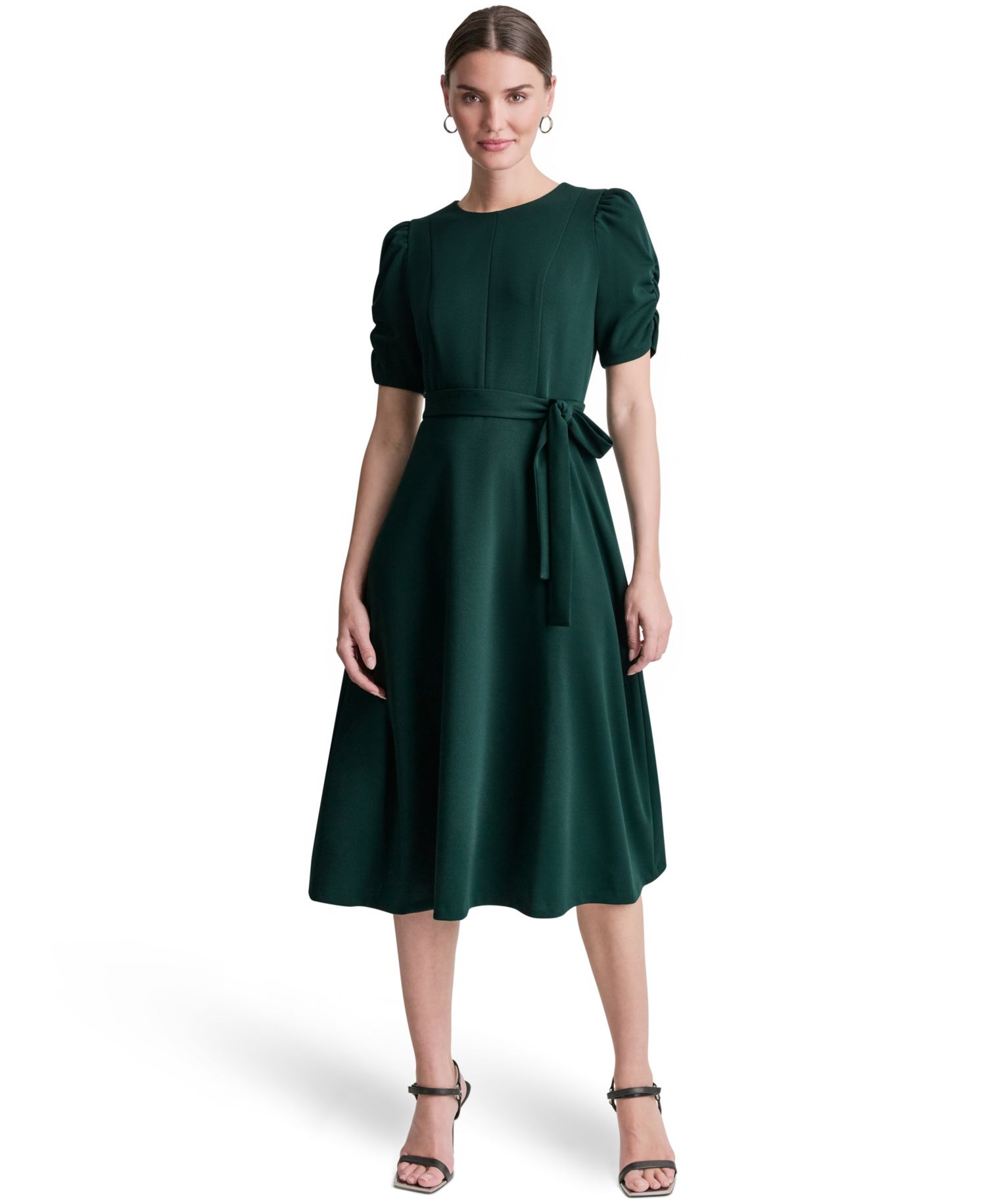 Women's Short-Sleeve Scuba Crepe Belted Fit and Flare Midi Dress