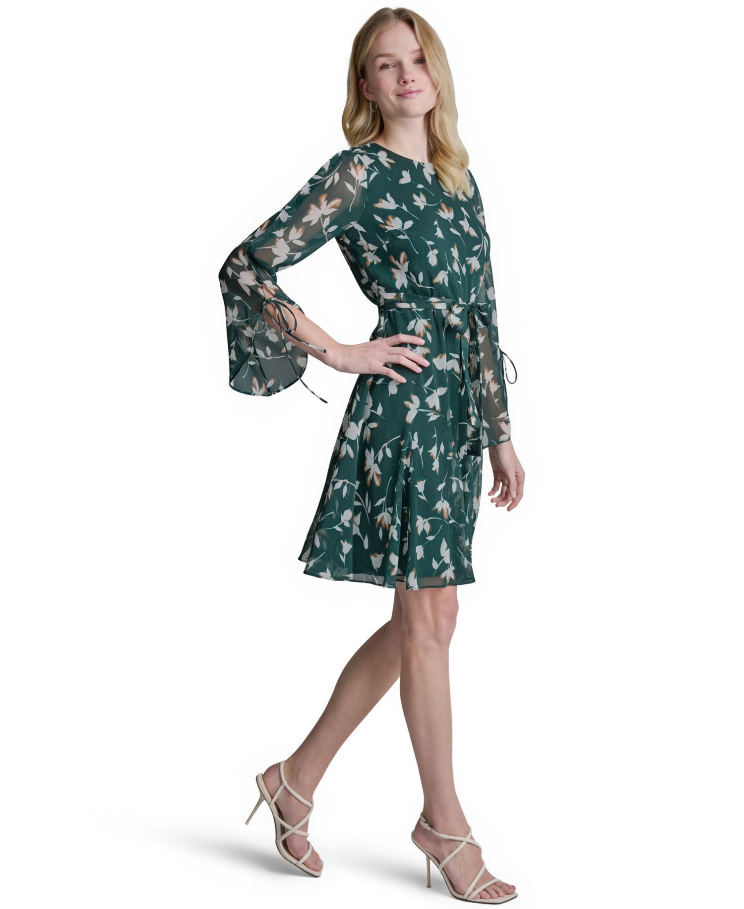 Women's Long-Sleeve A-Line Floral-Print Dress