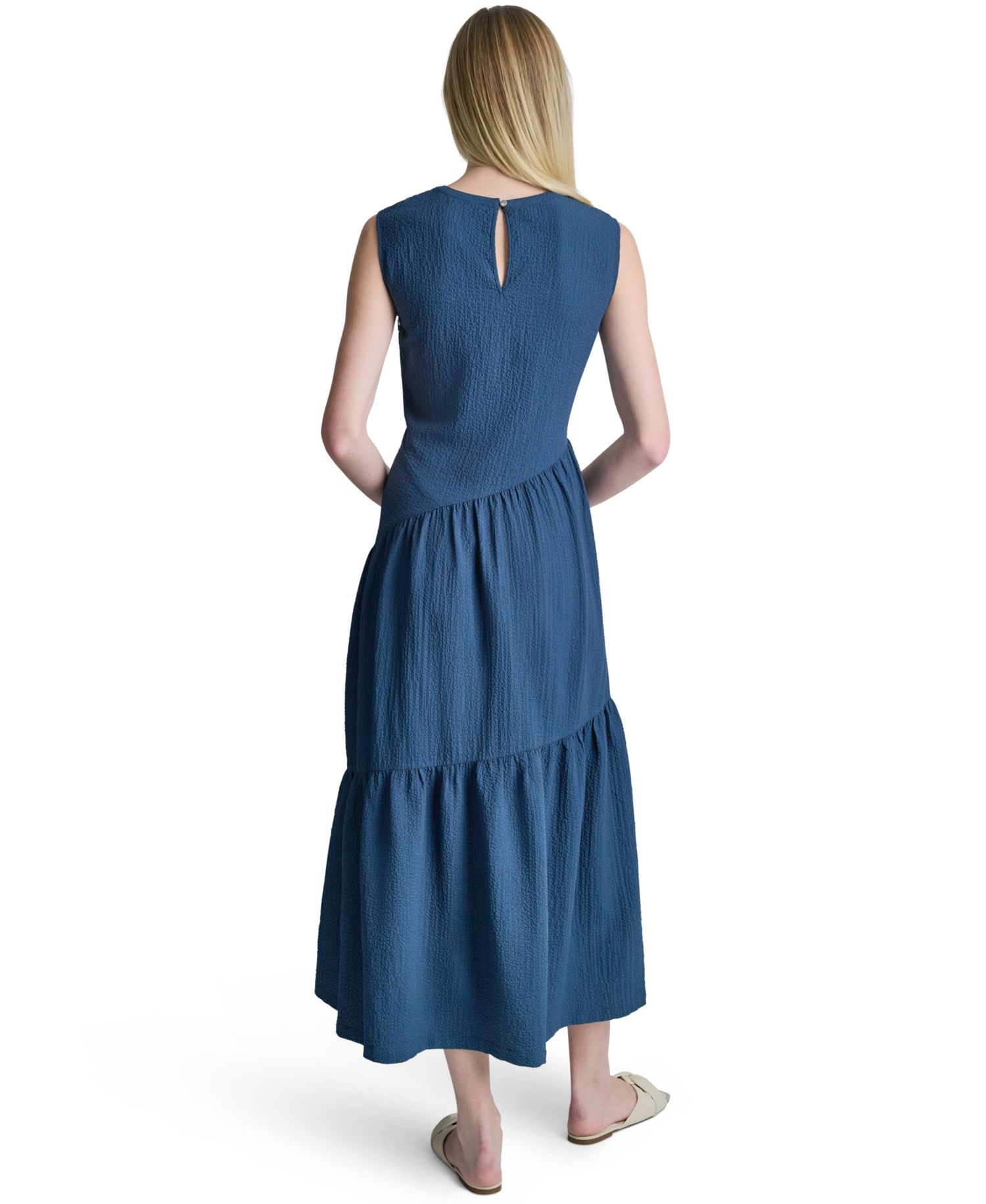 Women's Sleeveless Jewel Neck Asymmetrical Tiered Maxi Dress