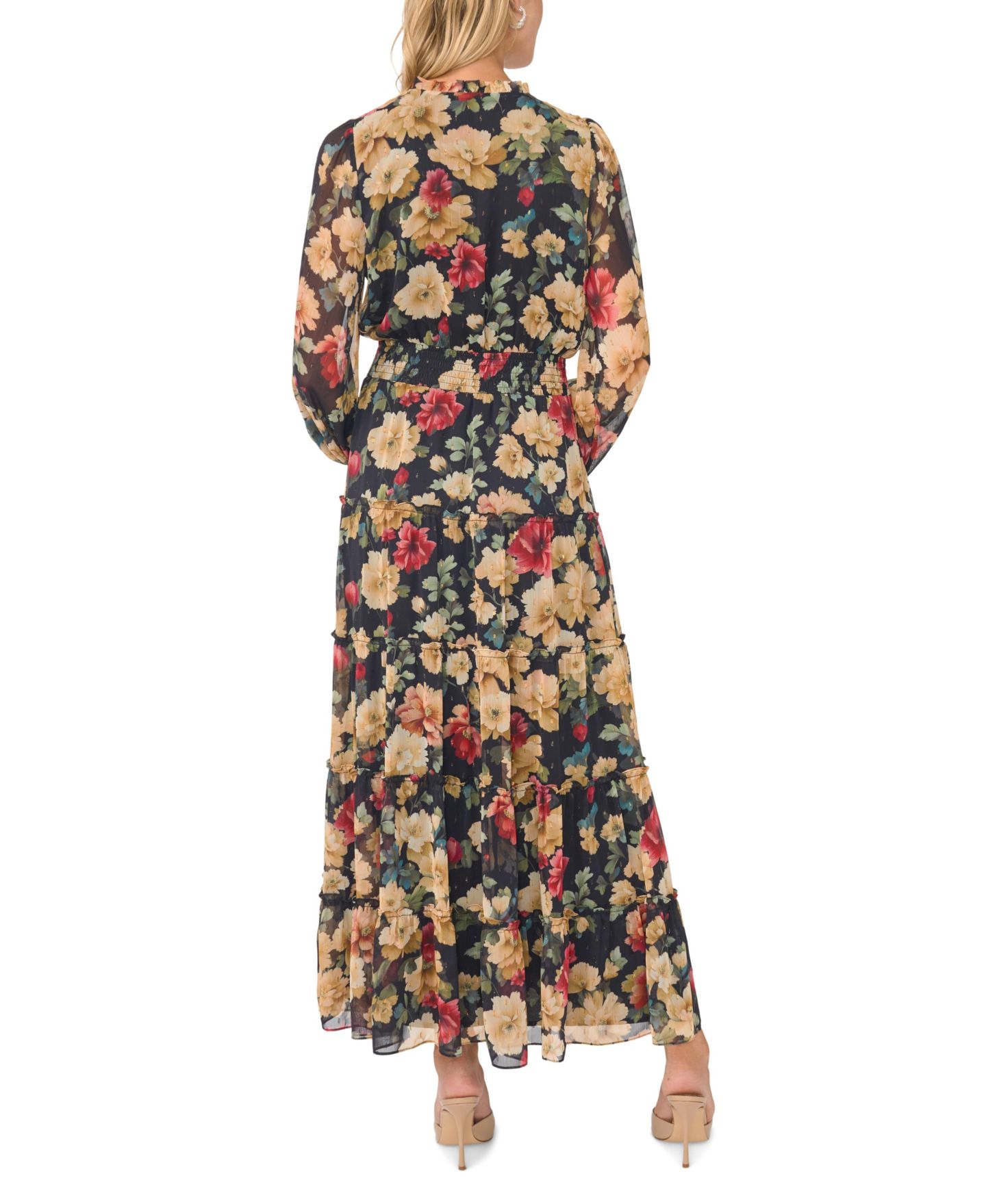 Женское платье Vince Camuto Floral-Print Long-Sleeve Smocked Maxi, цвет: Насыщенный чёрный — фото 4