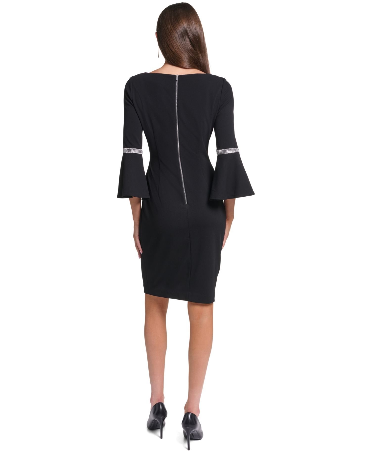 Women's Boat-Neck Bell Sleeve with Rhinestone Trim Sheath Dress