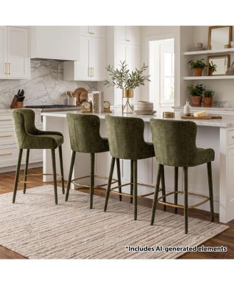 Modern Luxury Counter-Height Bar Stools Set of 4, Wingback Chenille Upholstered Seating, Wraparound Gold-Tone Footrest