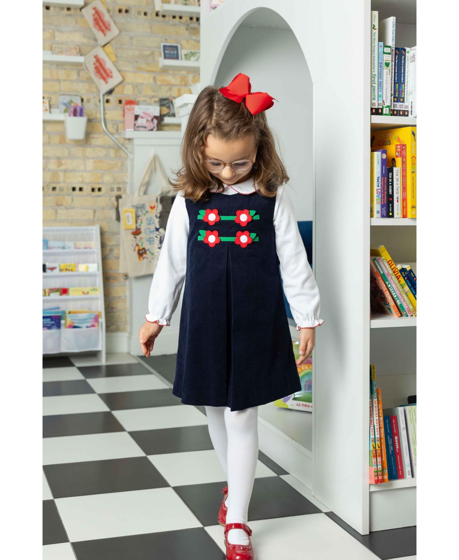 Girl's (4-6X) Corduroy Jumper with Flowers Dresses