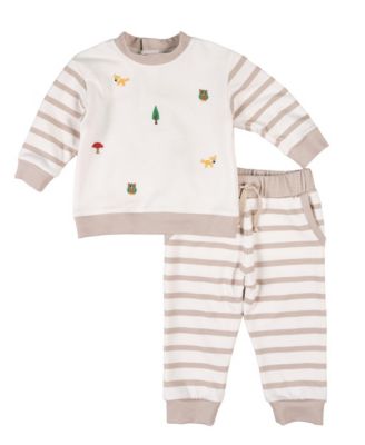 Toddler Boys' 2T-5T French-Terry Long-Sleeve Embroidered Woodland Animals Top and Pant, 2-Piece Set