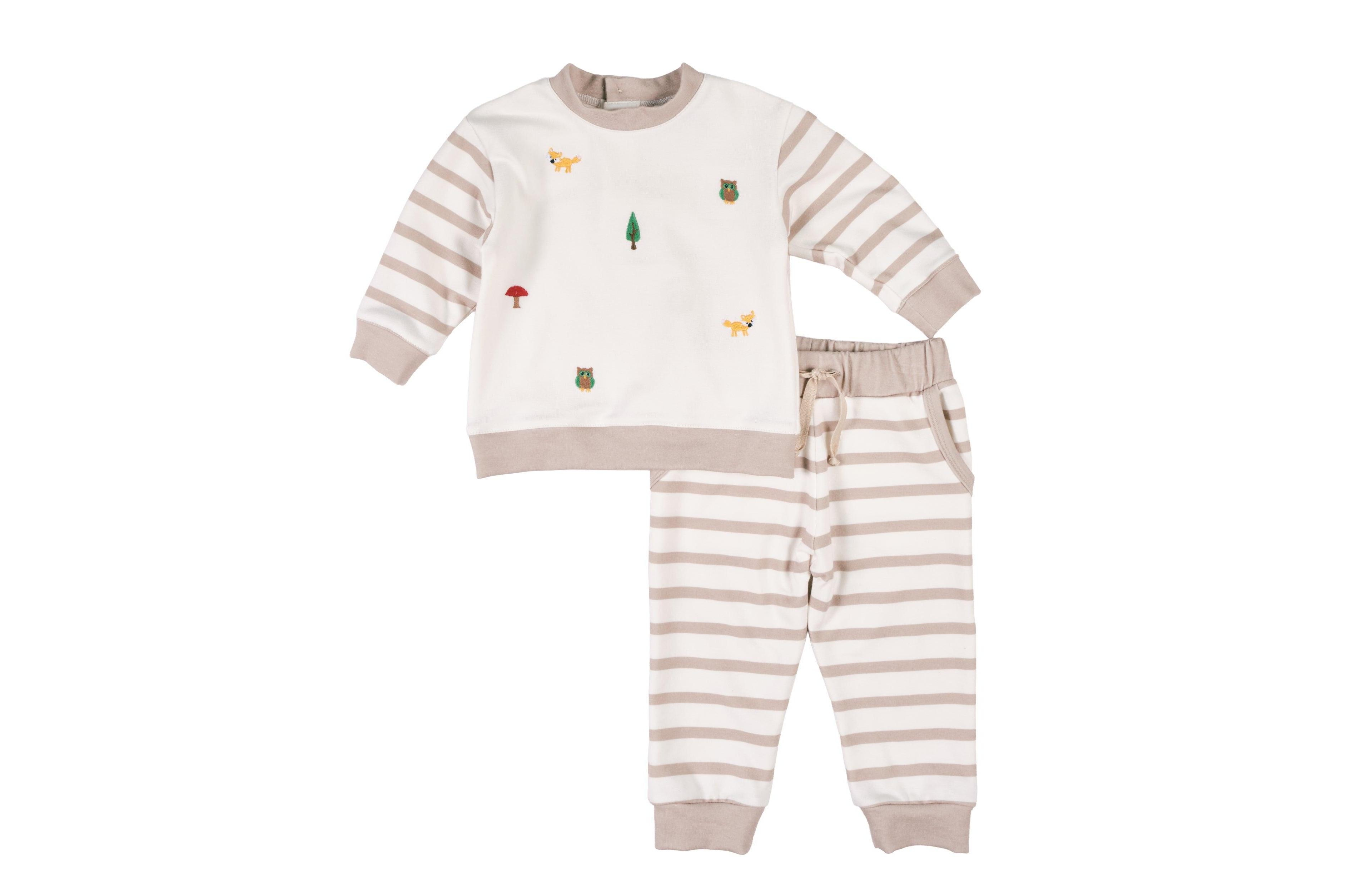 Florence Eiseman Toddler Boys' 2T-5T French-Terry Long-Sleeve Embroidered Woodland Animals Top and Pant, 2-Piece Set