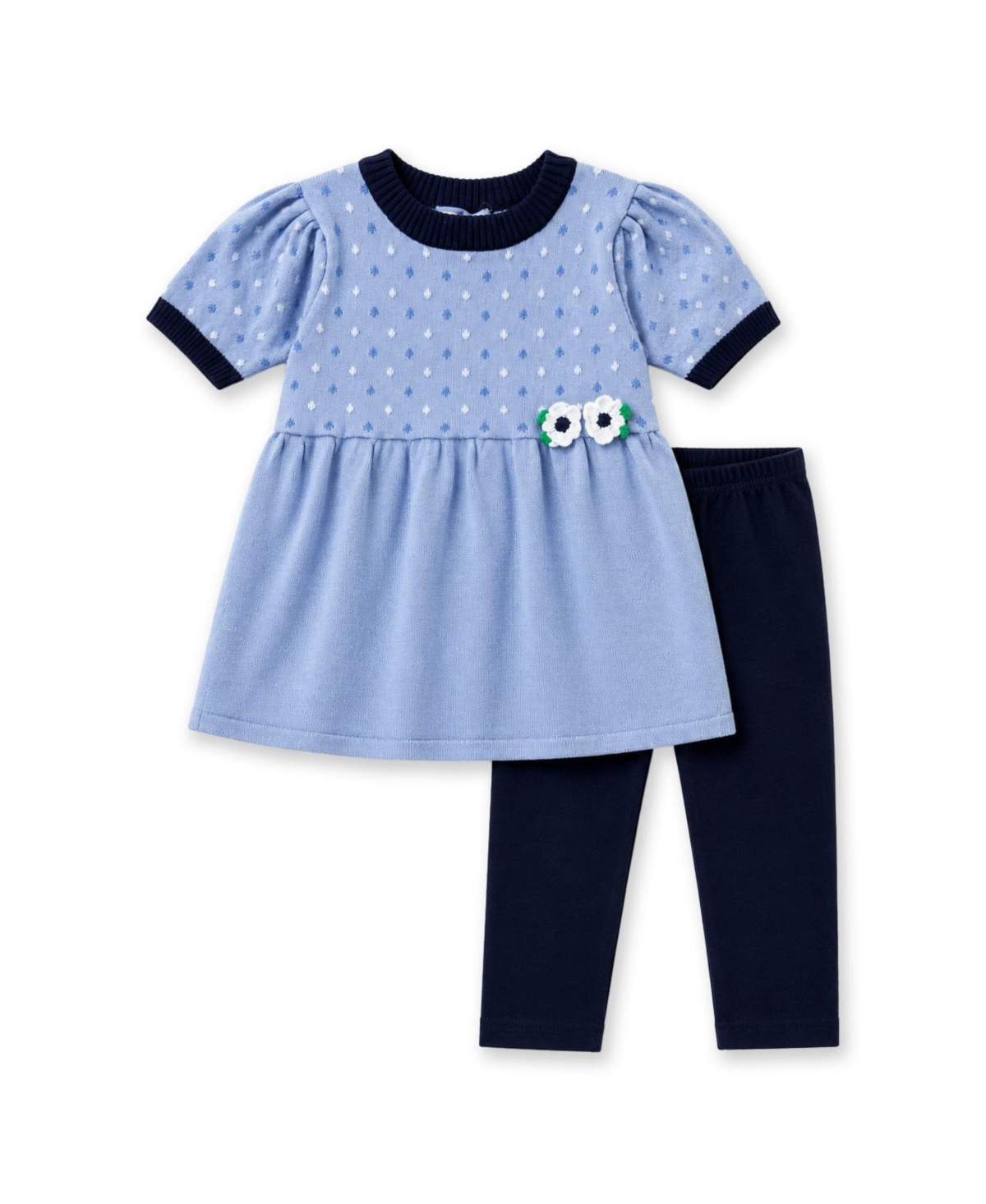 Florence Eiseman Girls 4-6X Polka Dot Sweater Tunic Set with Flowers - Blue, navy  white