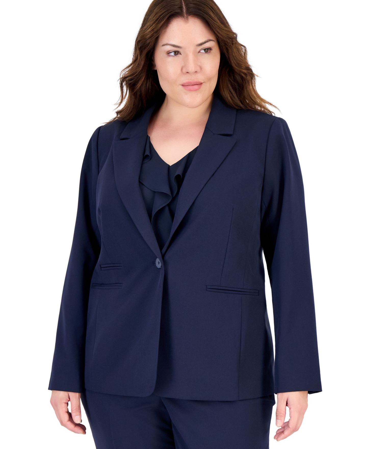 Женский пиджак Tahari Plus Size One-Button Stripe Lining Shoulder-Padded Blazer, цвет: Тёмно-синий — фото 1