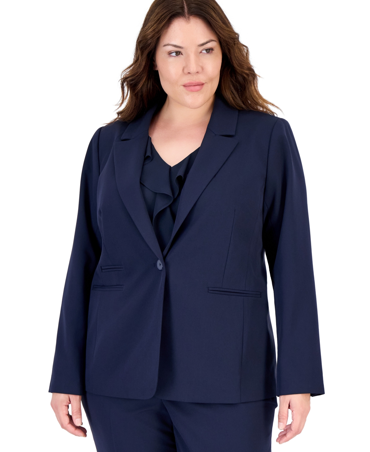 Tahari Plus Size One-Button Stripe Lining Shoulder-Padded Blazer - New Navy