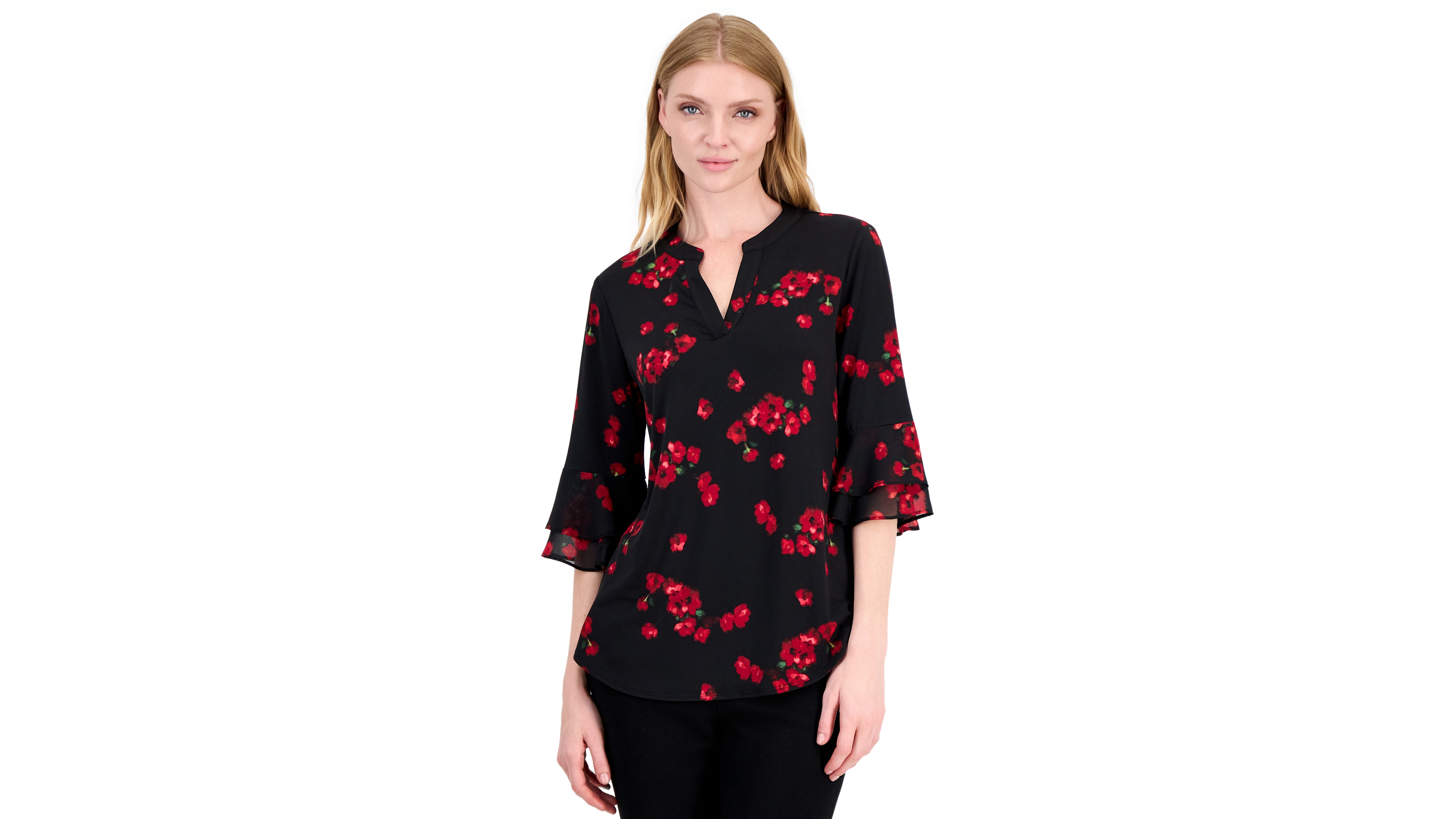 Kasper Women's 3/4 Sleeve Stretch Jersey Split Neck Floral Print Flutter Tunic Top