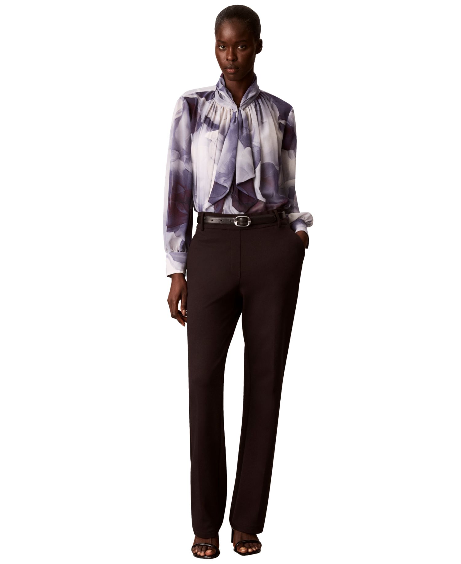 Petite Chiffon Ruffled-Neckline Long-Sleeve Blouse