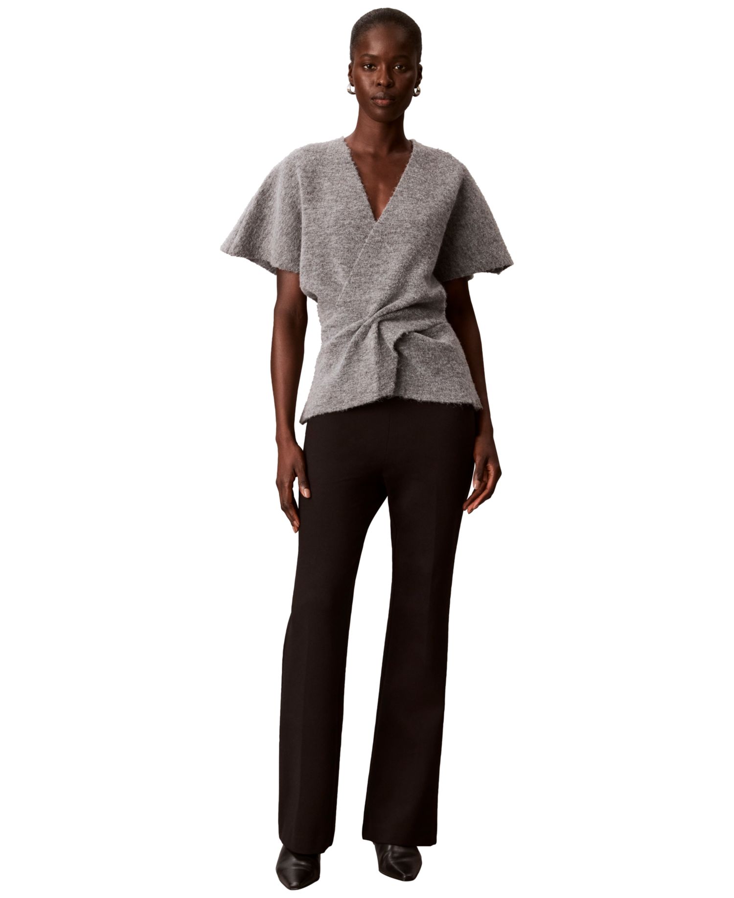 Petite Twist-Knot V-Neck Short-Sleeve Sweater
