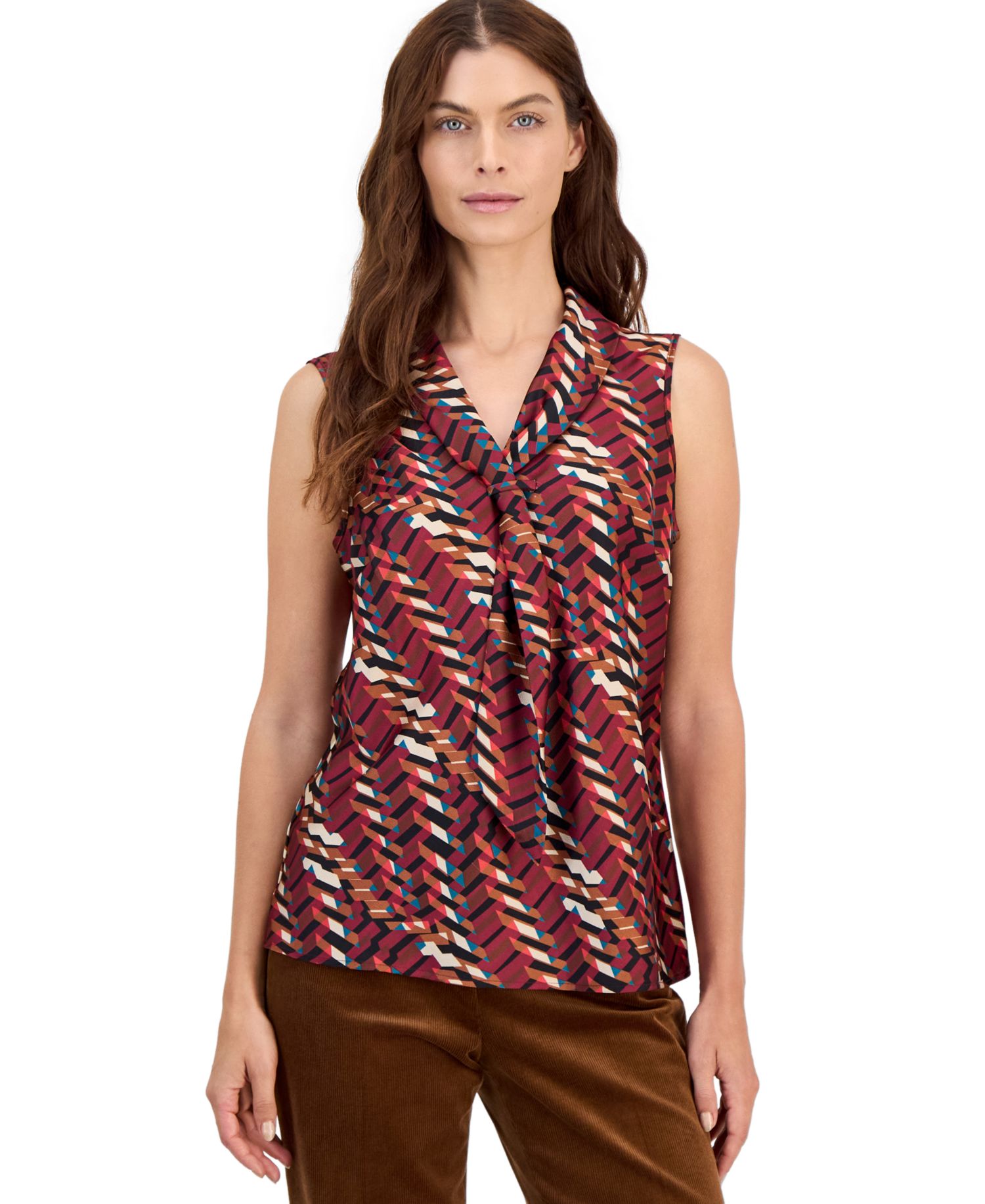 ASL Petite Sailor Tie Sleeveless V-Neck Geometric Blouse