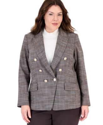 Plus Size Plaid Double-Breasted Blazer