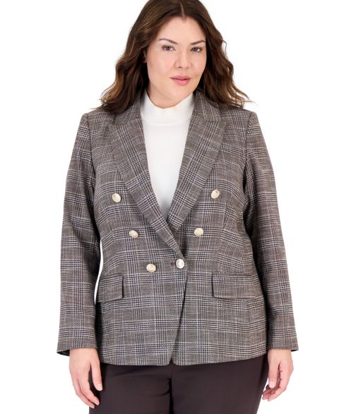 Женский пиджак Tahari Plus Size Plaid Double-Breasted Blazer, цвет: Тёмно-коричневый / Слоновая кость