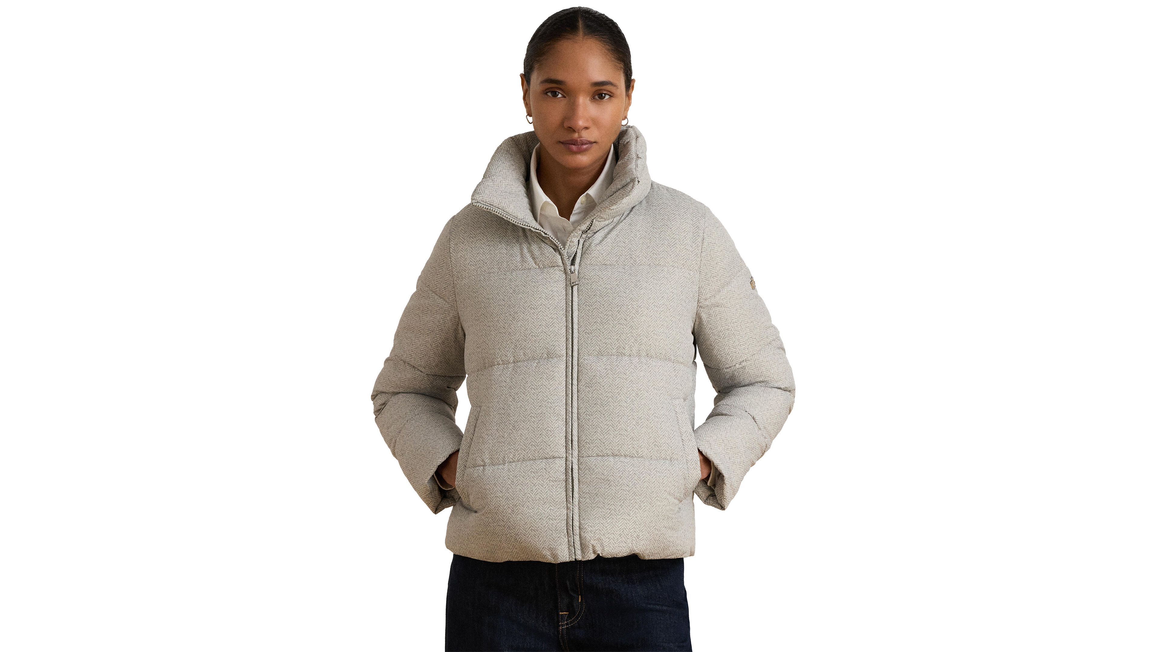 Lauren Ralph Women's Herringbone-Print Short Puffer Coat