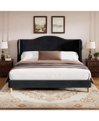 Velvet Wingback Upholstered Platform Bed Frame with Tall Gothic Headboard Gray Sturdy Wooden Slats for Bedroom
