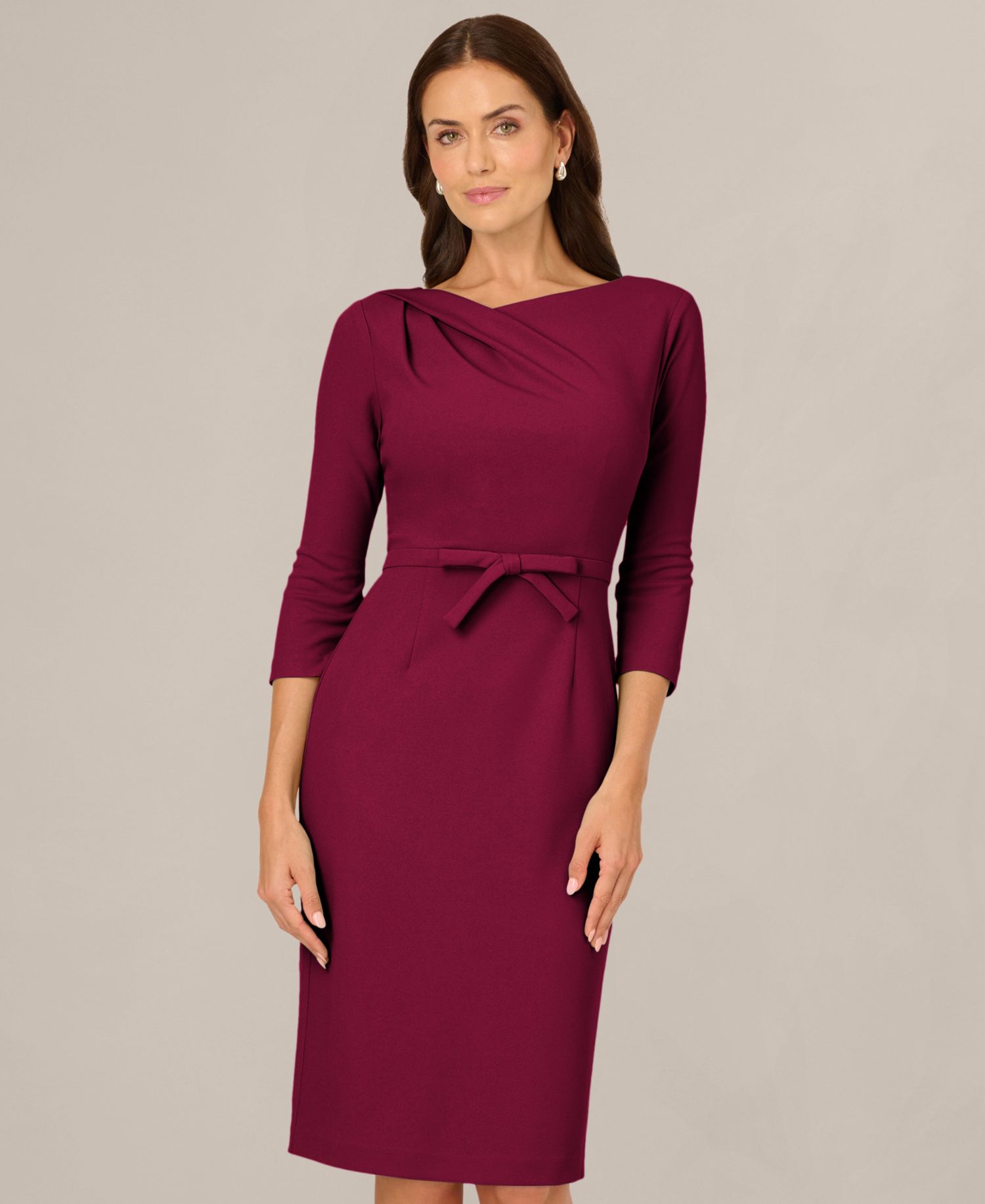 Petite Asymmetrical-Neck Bow 3/4-Sleeve Dress