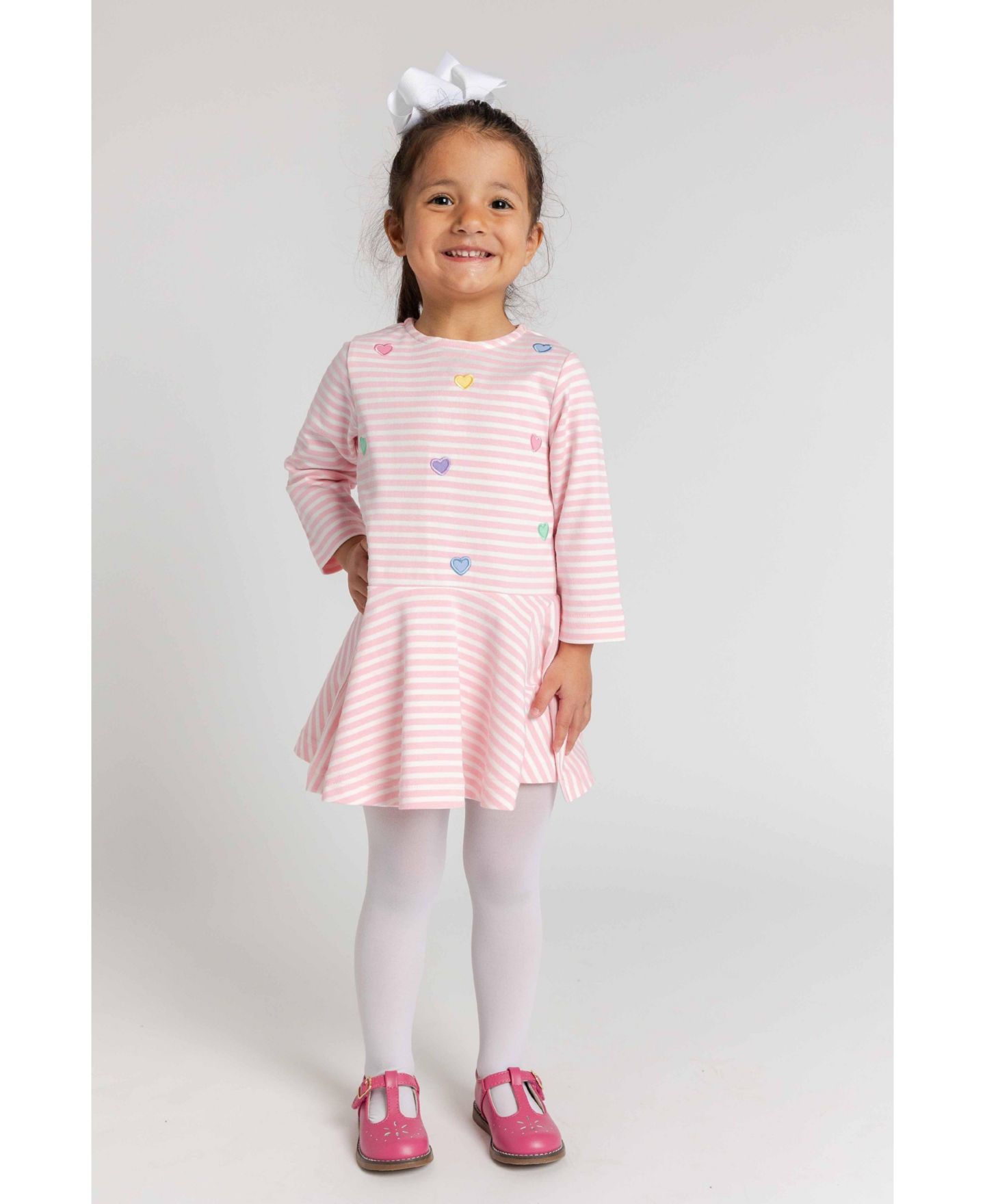 Платье Florence Eiseman Long-Sleeve Drop-Waist Heart-Applique Dress для девочек-малышей, цвет: Розовый / Белый — фото 2