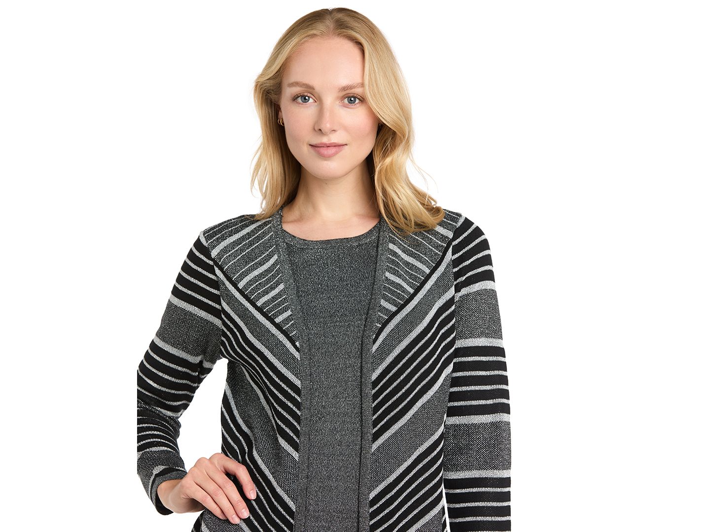 Женское платье R & M Richards Knit Striped Crewneck Jacket, цвет: Чёрный серебряный — фото 2