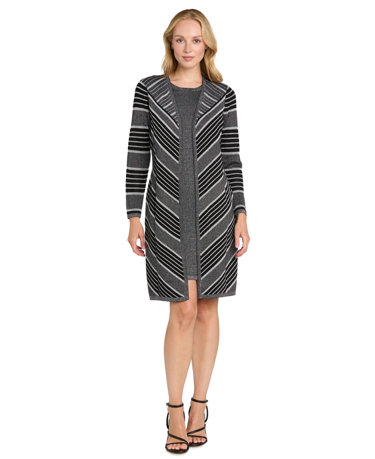 R & M Richards Women's Knit Striped Crewneck Jacket Dress In Black Silver