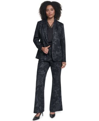 Women's KL671 Floral Blazer, Sleeveless V-Neck Blouse Top and Wide Leg Floral-Print Jacquard Pants