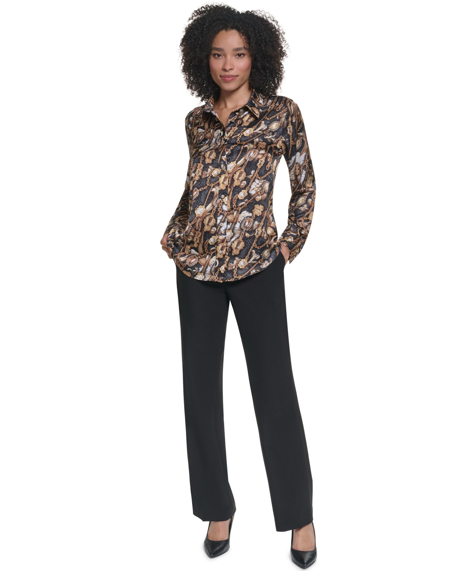 Women's KL623 Satin Long-Sleeve Point-Collar Blouse