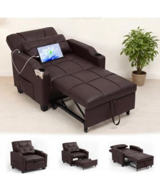 4-in-1 Convertible Sofa Chair Bed with PU Leather, Massage Lumbar Pillow, and USB/Type-C Charging Ports