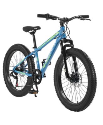 24" Fat Tire Mountain Bike for Adults & Youth with Shimano 7-speed drivetrain, dual disc brakes, front suspension, and high-carbon steel frame