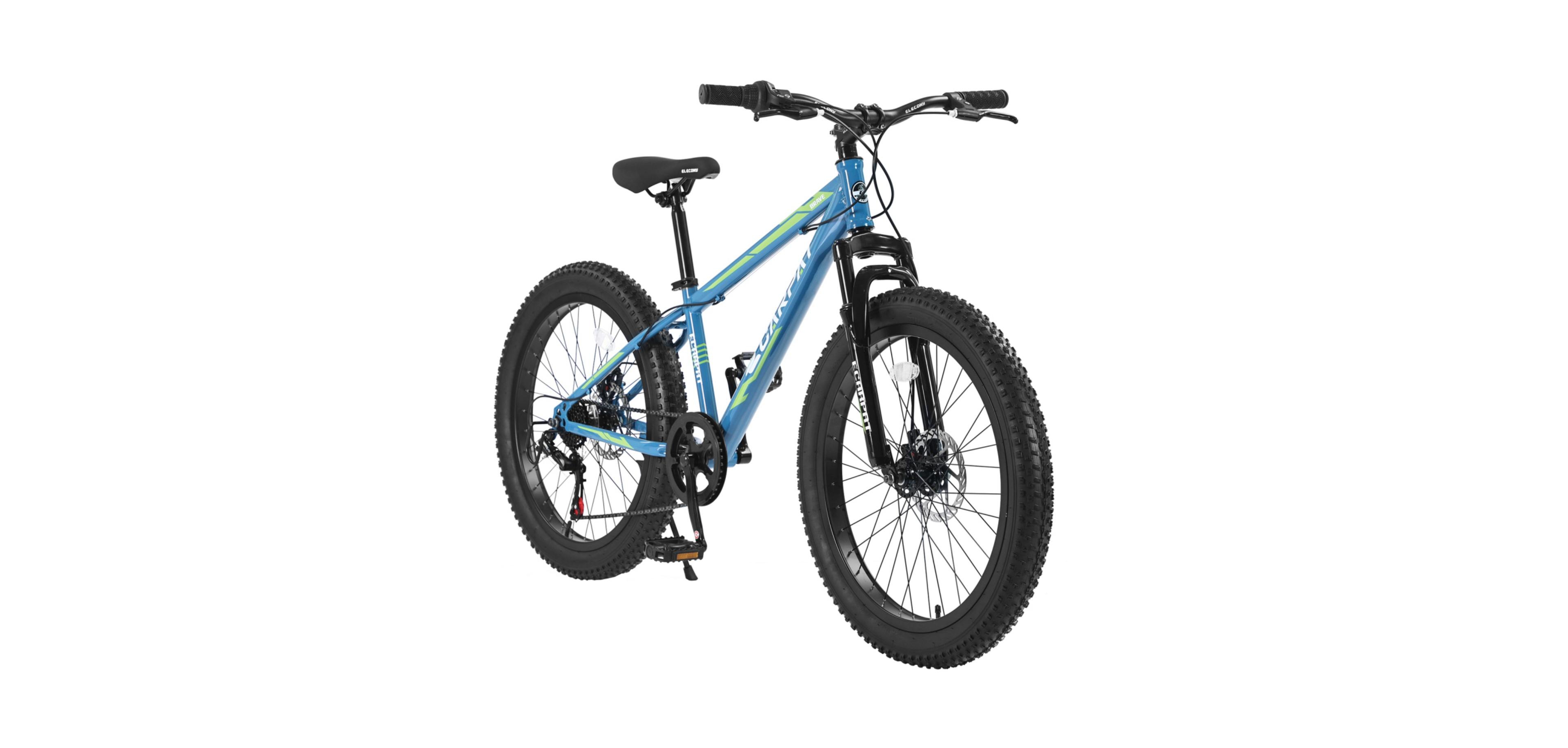 24" Fat Tire Mountain Bike for Adults & Youth with Shimano 7-speed drivetrain, dual disc brakes, front suspension, and high-carbon steel frame