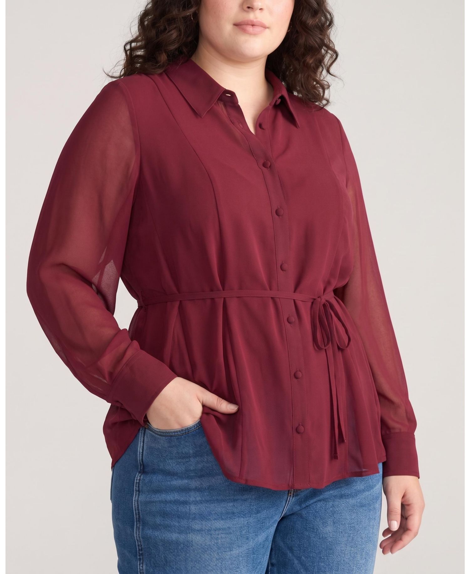Plus Size Hermione Long-Sleeve Chiffon Flowy Hem Blouse