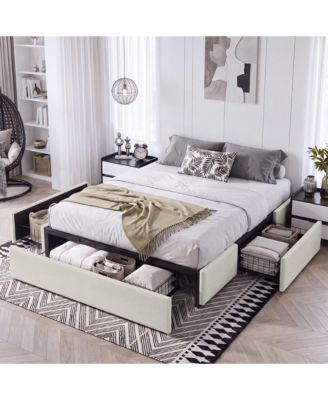 Full Upholstered Platform Bed Frame with 3 Storage Drawers Linen Fabric Low-Profile Space-Saving No Headboard for Bedroom