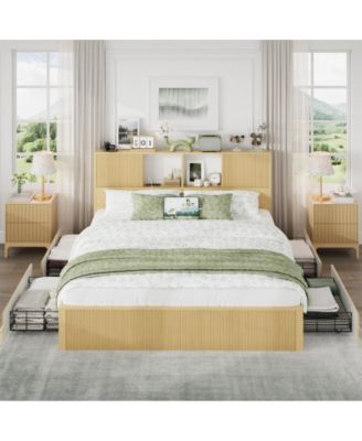 Bed Frame with 4 Storage Drawers, 2-Tier Storage Headboard, USB Charging, Metal Slats, No Box Spring Needed