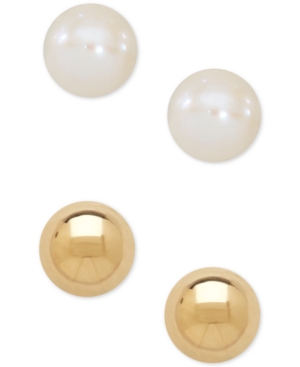 image of Children-s 2-Pc Set Cultured Freshwater Pearl (3-3/4mm) and Gold Ball Earring Set in 14k Gold